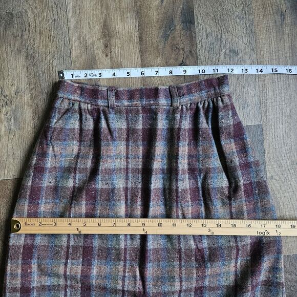 Vintage Wool Plaid A-Line Skirt Tartan Check High Waist 24" Lined Side Pockets - Picture 5 of 7